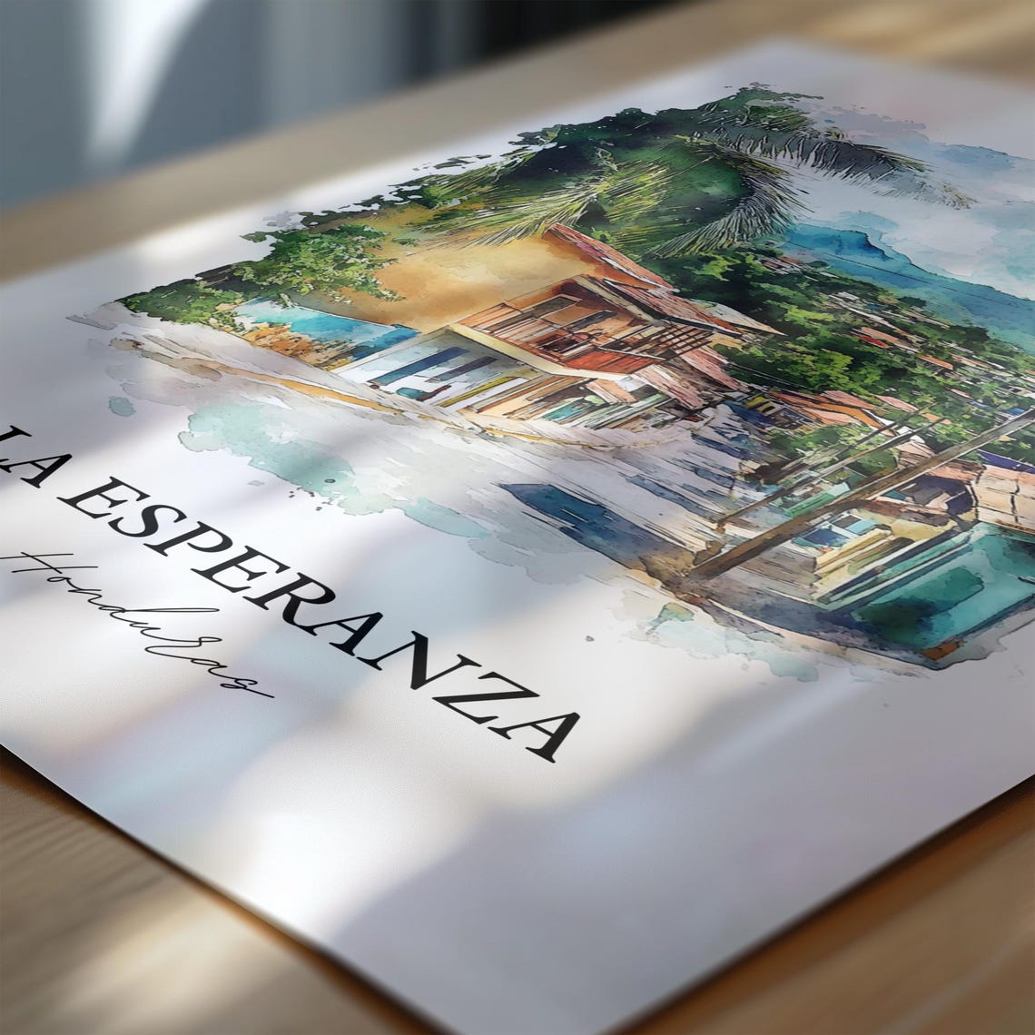 La Esperanza Honduras Palm Lined Street Mountains Watercolor Poster - Image 6