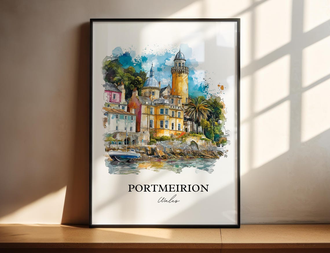 Portmeirion Wales Colorful Coastal Village Watercolor Travel Poster