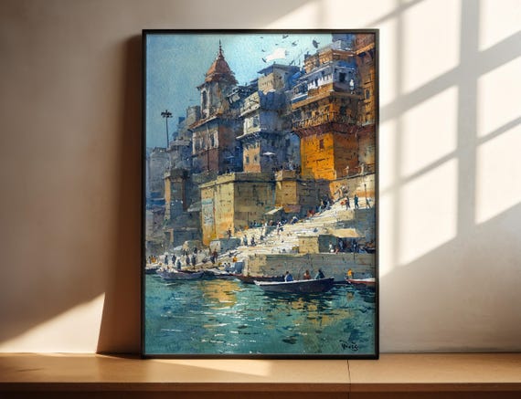 Varanasi India Watercolor Art Travel Print Artwork Cityscape Decor Wall