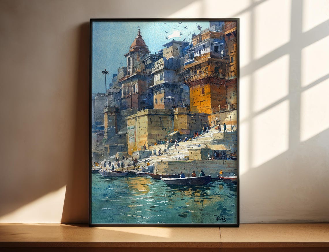 Varanasi India Watercolor Art Travel Print Artwork Cityscape Decor Wall