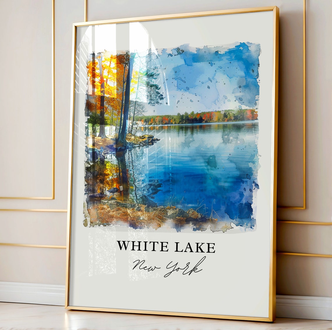 White Lake New York Autumn Lakeside Reflections Watercolor Poster - Image 4
