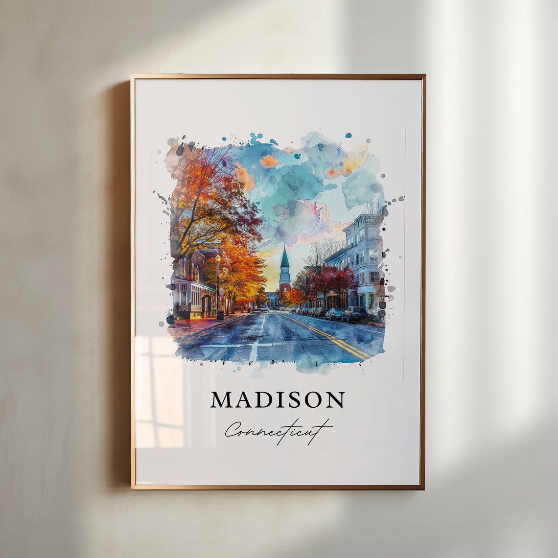 Madison Connecticut Watercolor Autumn Main Street Scene Poster
