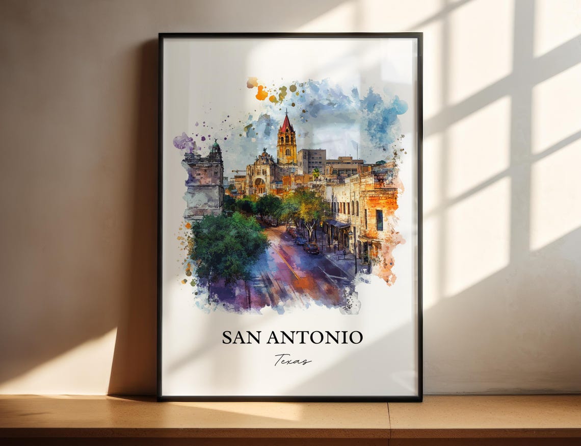 San Antonio Texas Historic Cathedral Street Watercolor Travel Poster
