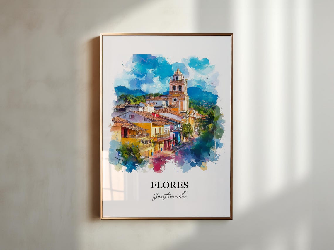 Flores Guatemala Island Town Church Tower Watercolor Island Poster - Image 5