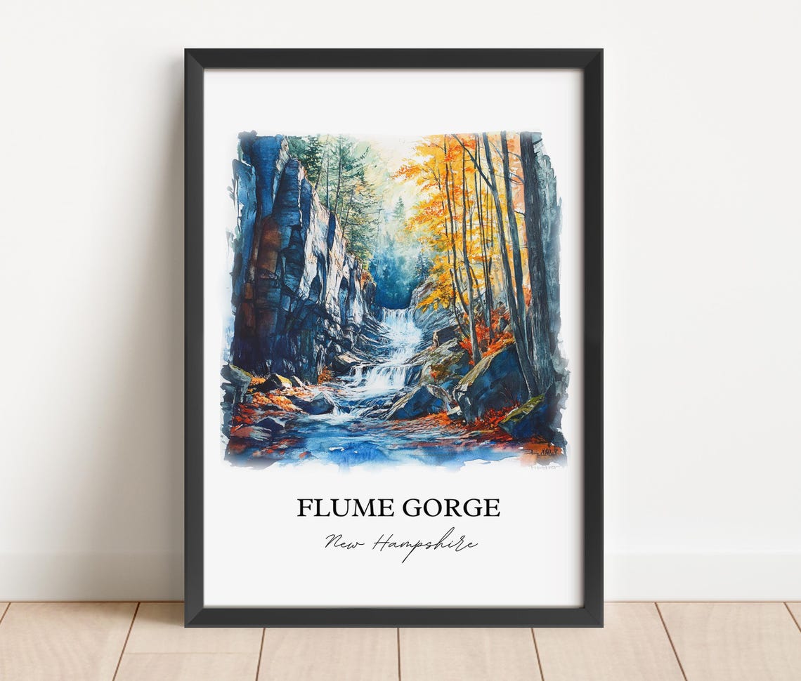 Flume Gorge New Hampshire Waterfall Autumn Watercolor Poster - Image 2