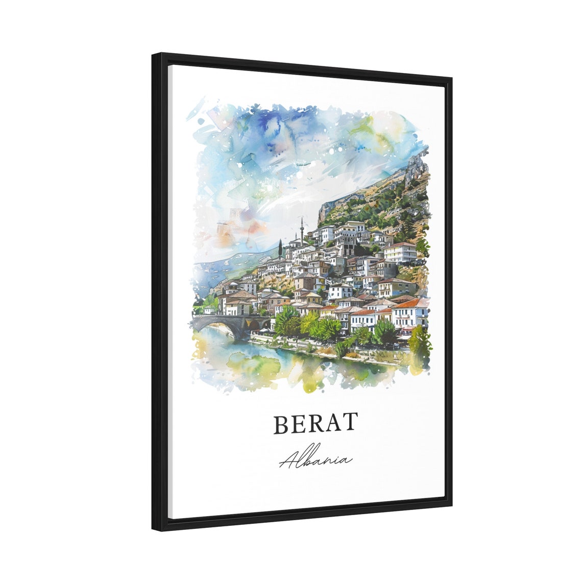 Berat Albania Riverside Old Town Historic Watercolor Travel Poster - Image 2