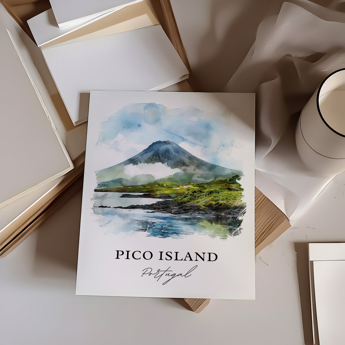Pico Island Azores Portugal Mount Pico Volcano Watercolor Poster - Image 6