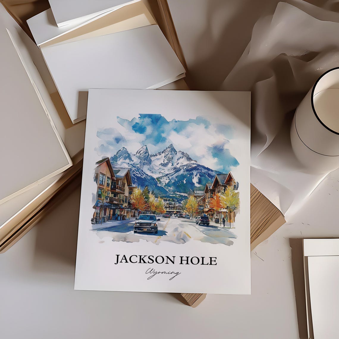 Jackson Hole Wyoming Watercolor Mountain Main Street Scene Poster - Image 2