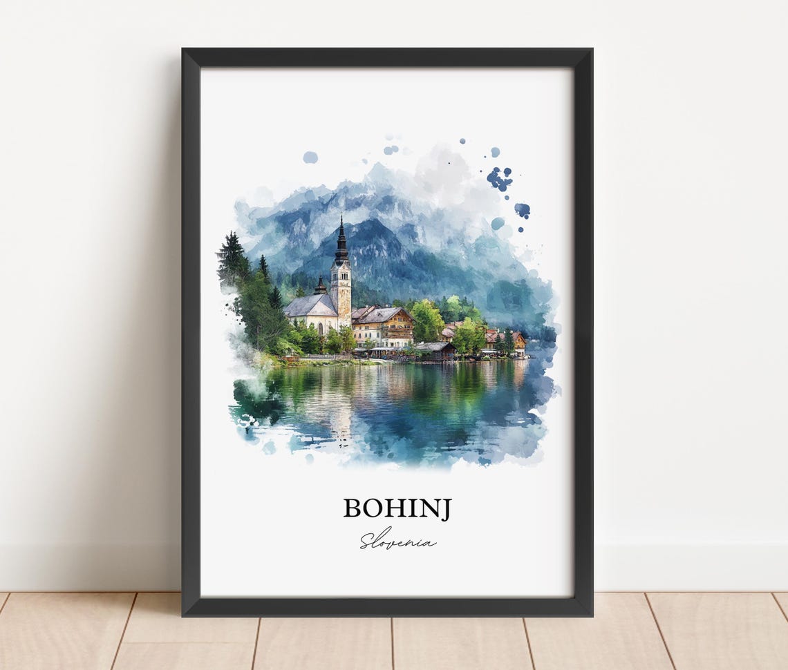 Bohinj Slovenia Watercolor Lake Church Alpine Mountain Poster - Image 3