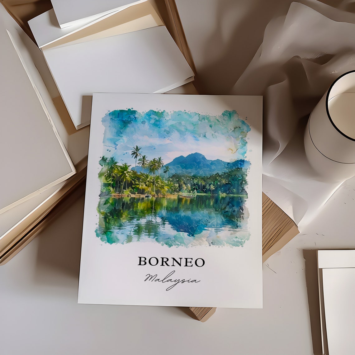 Borneo Malaysia Tropical Palms Lake Watercolor Island Travel Poster - Image 6