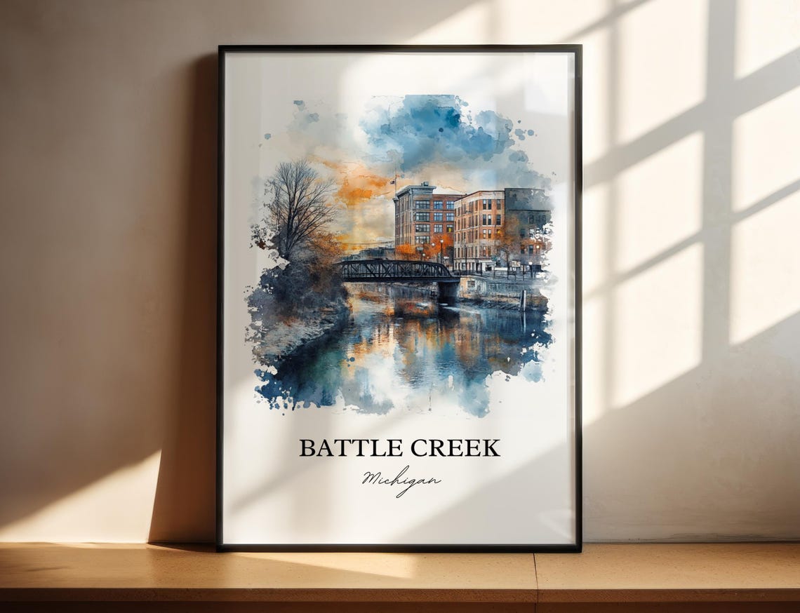 Battle Creek Michigan Watercolor River Bridge Sunset Scene Poster - Image 3