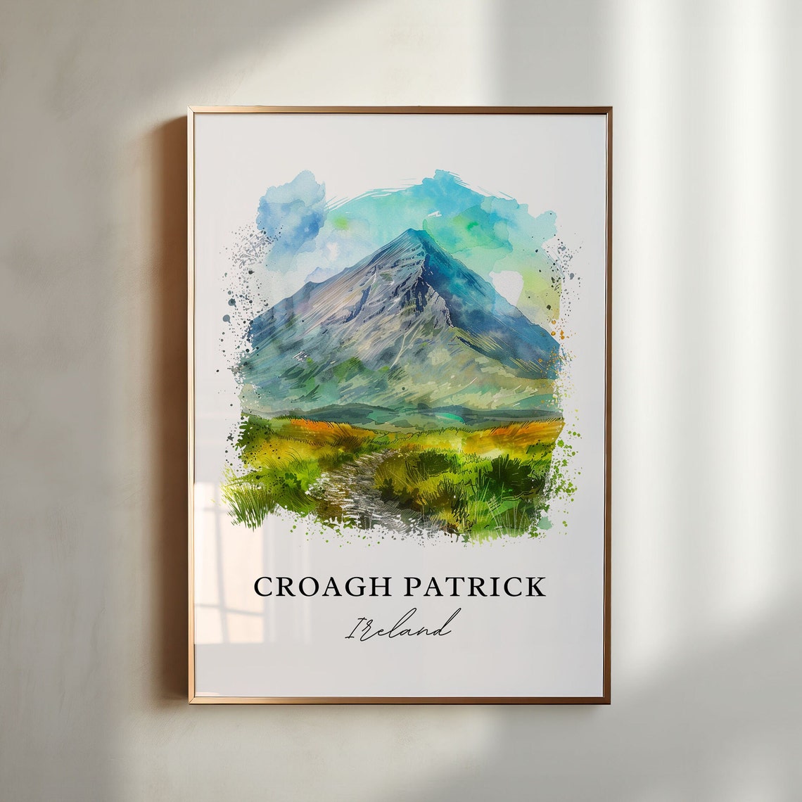 Croagh Patrick Ireland Mountain Peak Hiking Watercolor Poster