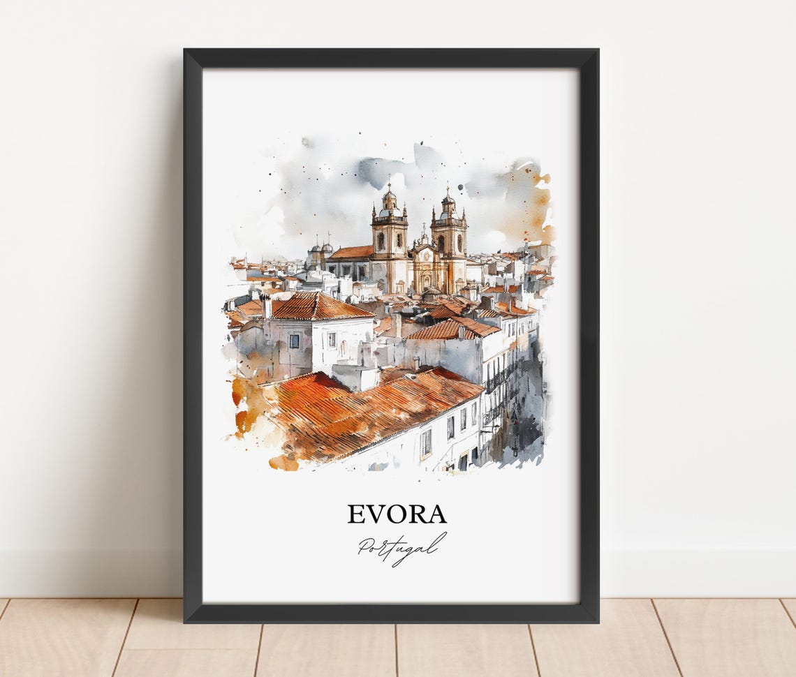 Evora Portugal Watercolor Rooftops Church Towers Historic Town Poster - Image 2