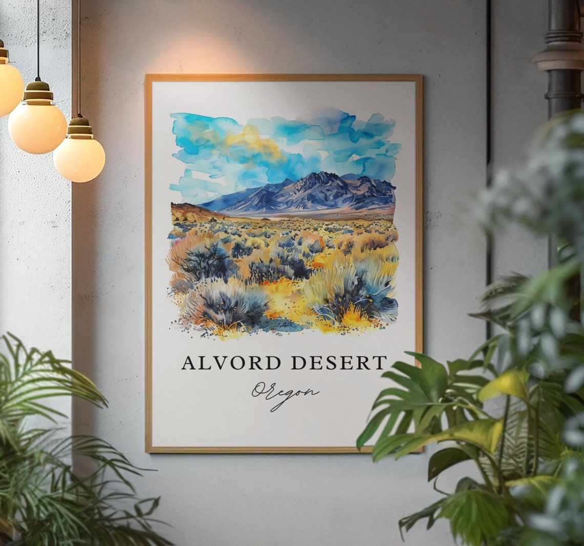 Alvord Desert Oregon Watercolor Sagebrush Plain Mountain Travel Poster - Image 2