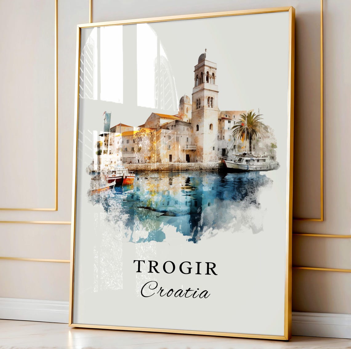 Trogir Croatia Waterfront Bell Tower Watercolor Travel Poster