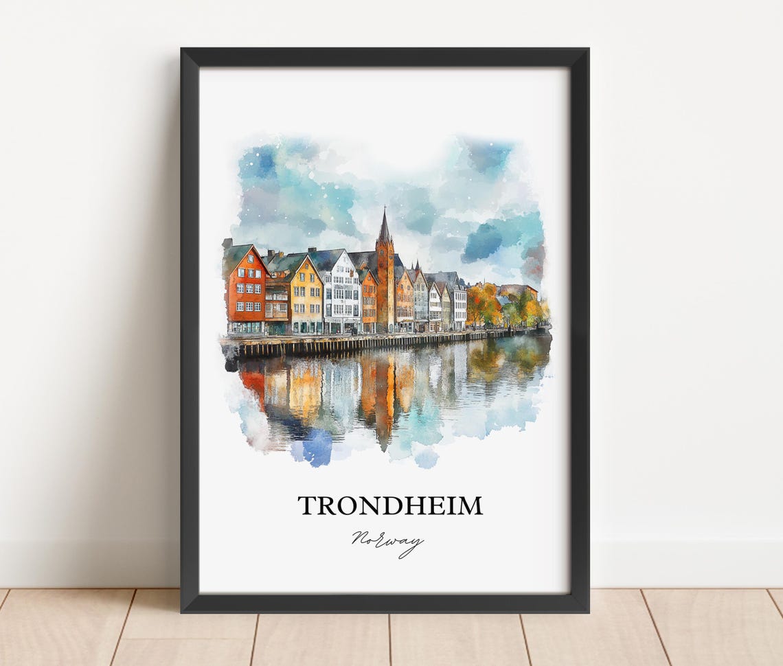 Trondheim Norway Watercolor Colorful Wharf Buildings River View Poster - Image 3