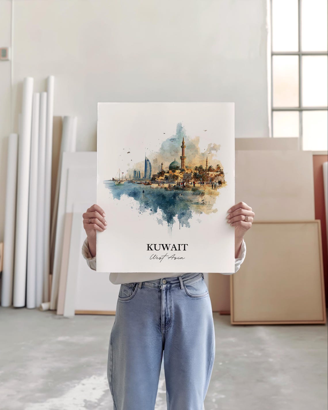 Kuwait West Asia Watercolor Coastal City Harbor Skyline Travel Poster - Image 3