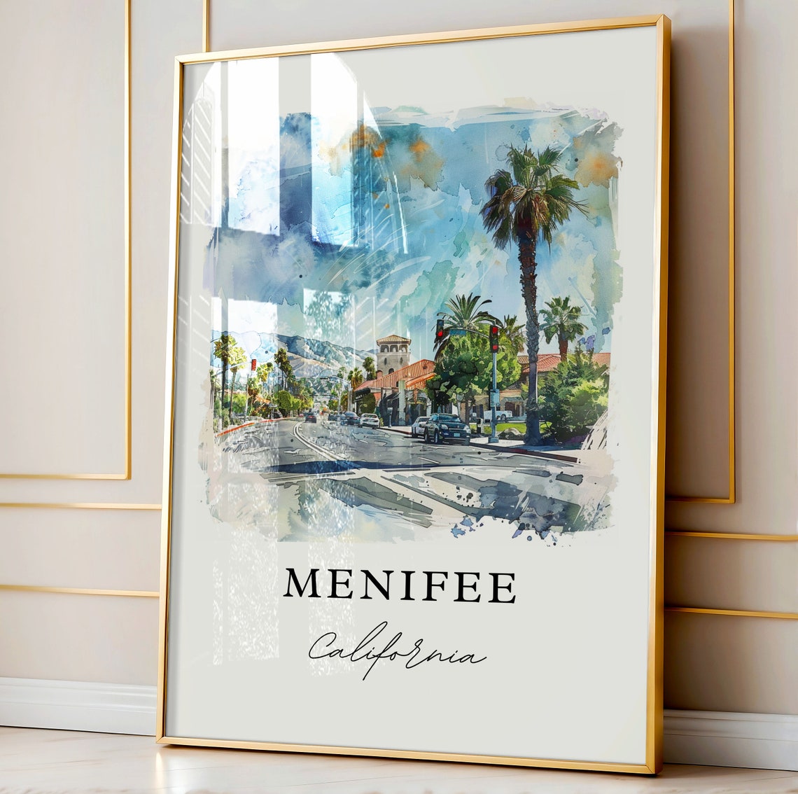 Menifee California Watercolor Palm Tree Street Bell Tower Poster - Image 3