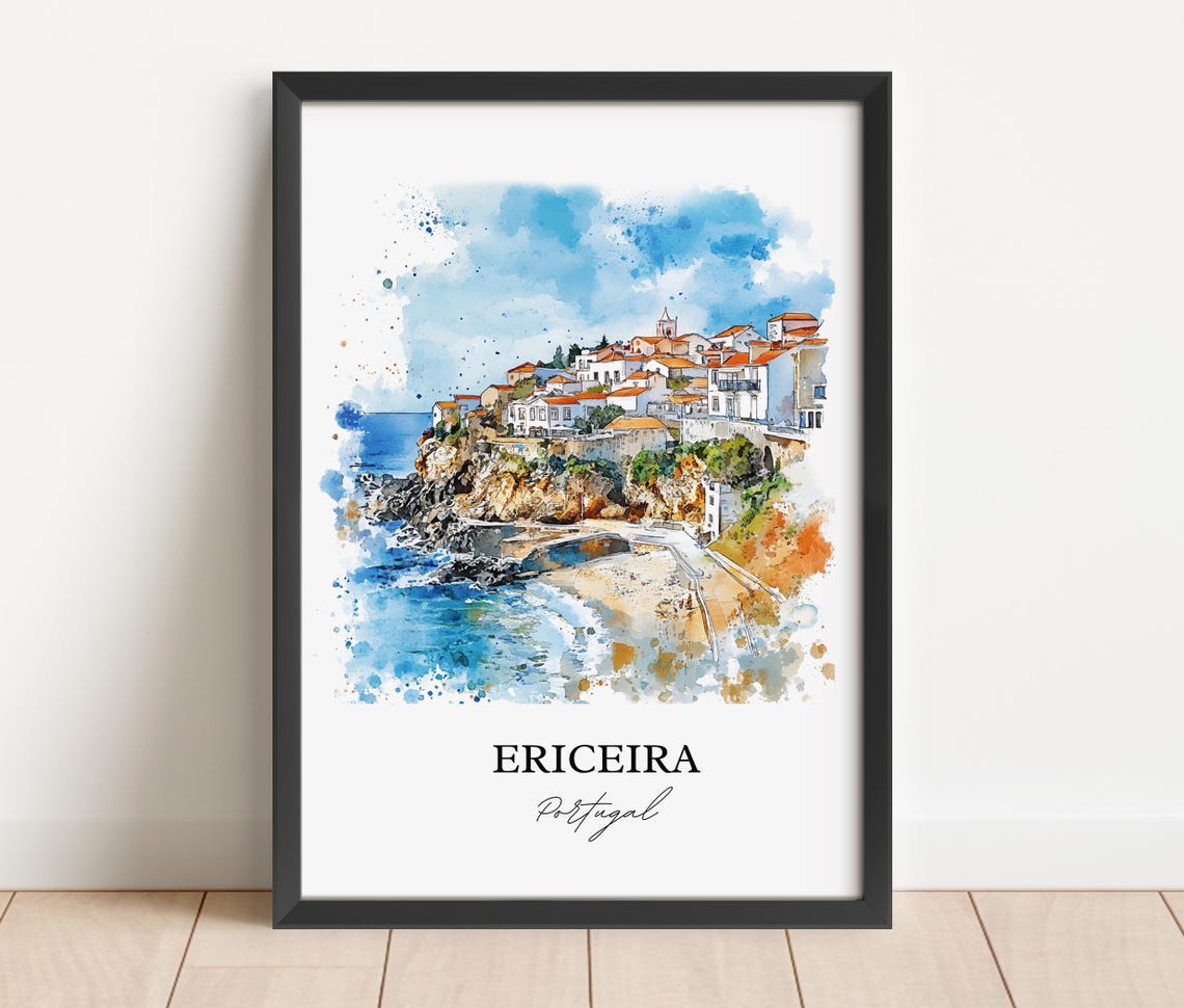 Ericeira Portugal Cliffside Fishing Village Watercolor Travel Poster - Image 3