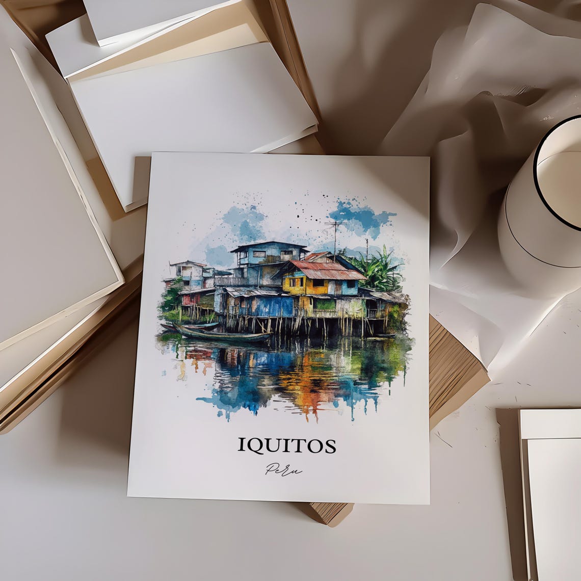 Iquitos Peru Watercolor Stilt Houses Amazon River Reflection Poster - Image 3