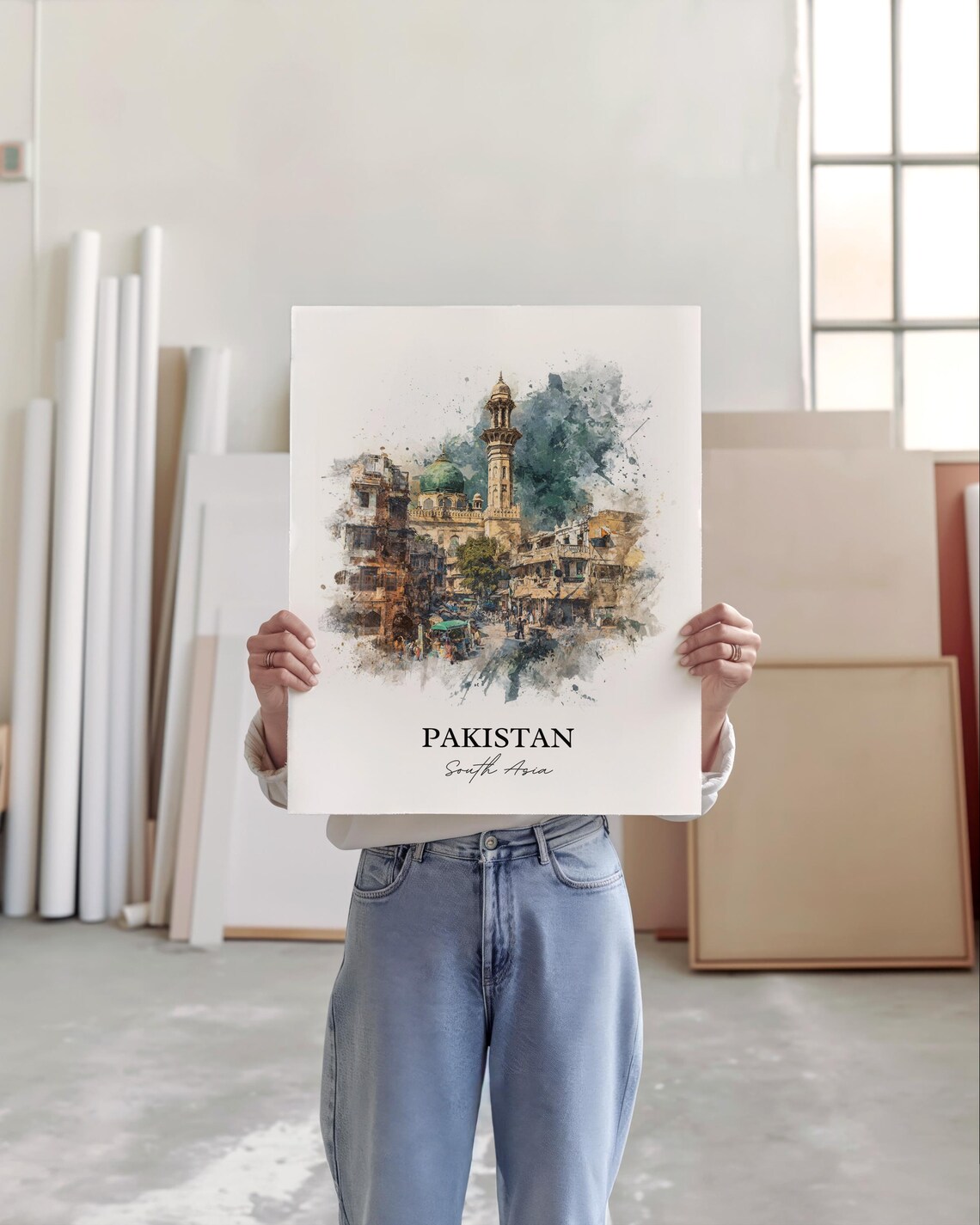 Pakistan South Asia Old Town Mosque Street Watercolor Travel Poster - Image 4