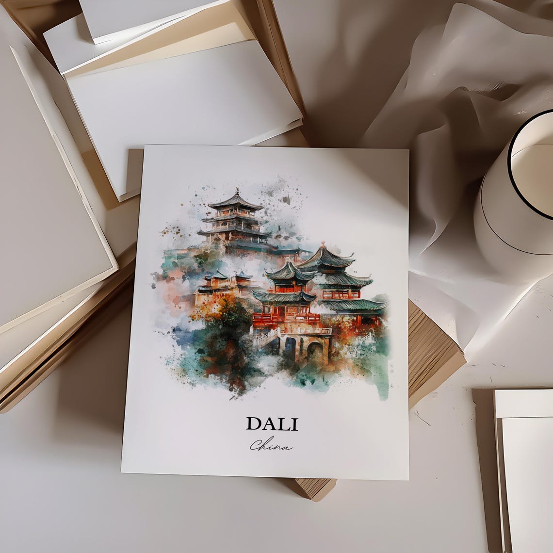 Dali China Watercolor Temple Pagoda Autumn Colors Art Poster - Image 4