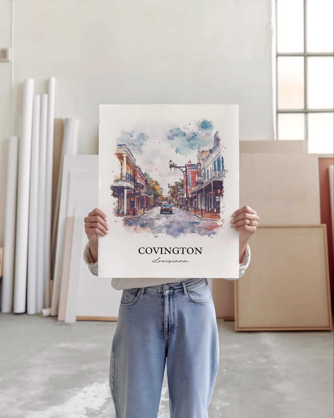 Covington Louisiana Old Town Main Street Watercolor Travel Poster - Image 5
