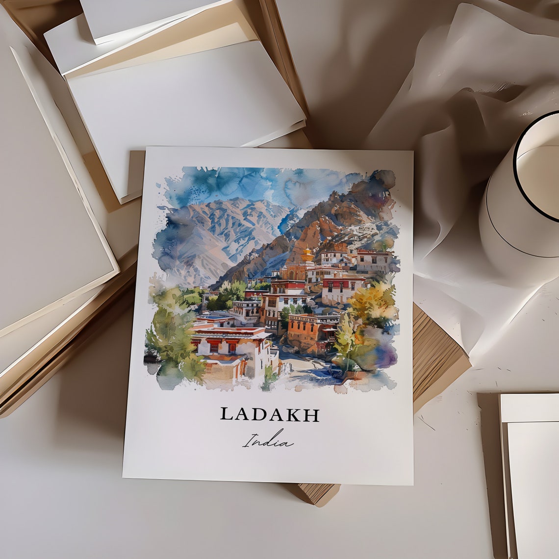 Ladakh India Himalayan Mountain Monastery Watercolor Travel Poster - Image 6