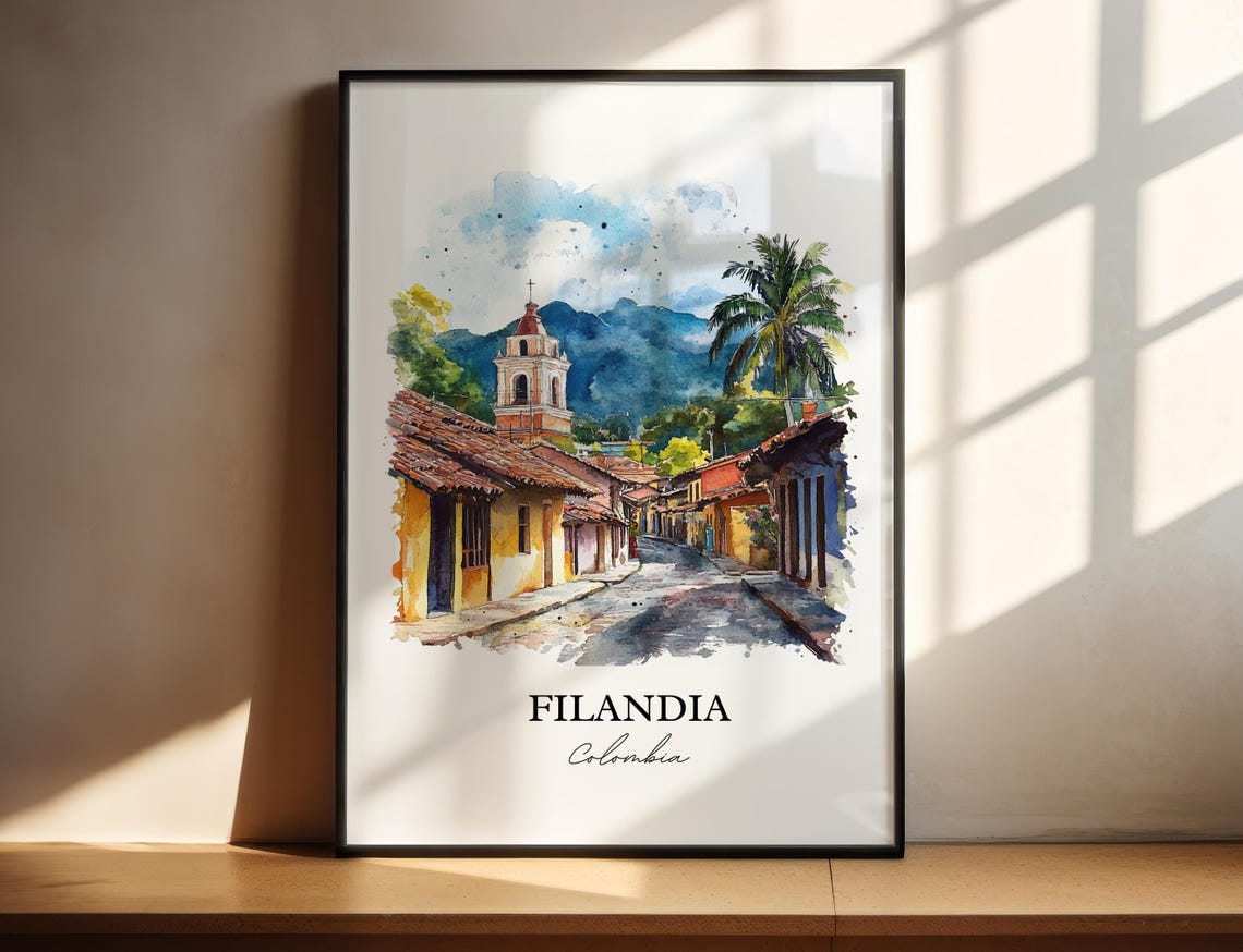 Filandia Colombia Cobblestone Street Church Tower Watercolor Poster