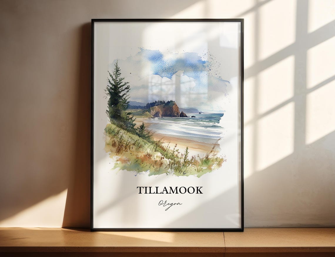 Tillamook Oregon Coast Beach Cliffs Watercolor Travel Poster