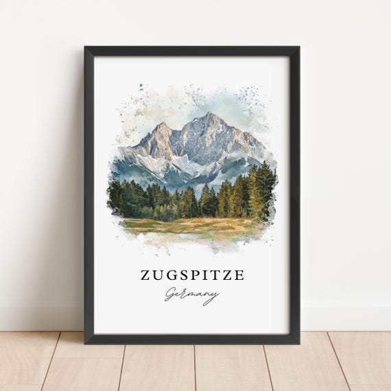Zugspitze Watercolor Travel Poster, Germany Mountains