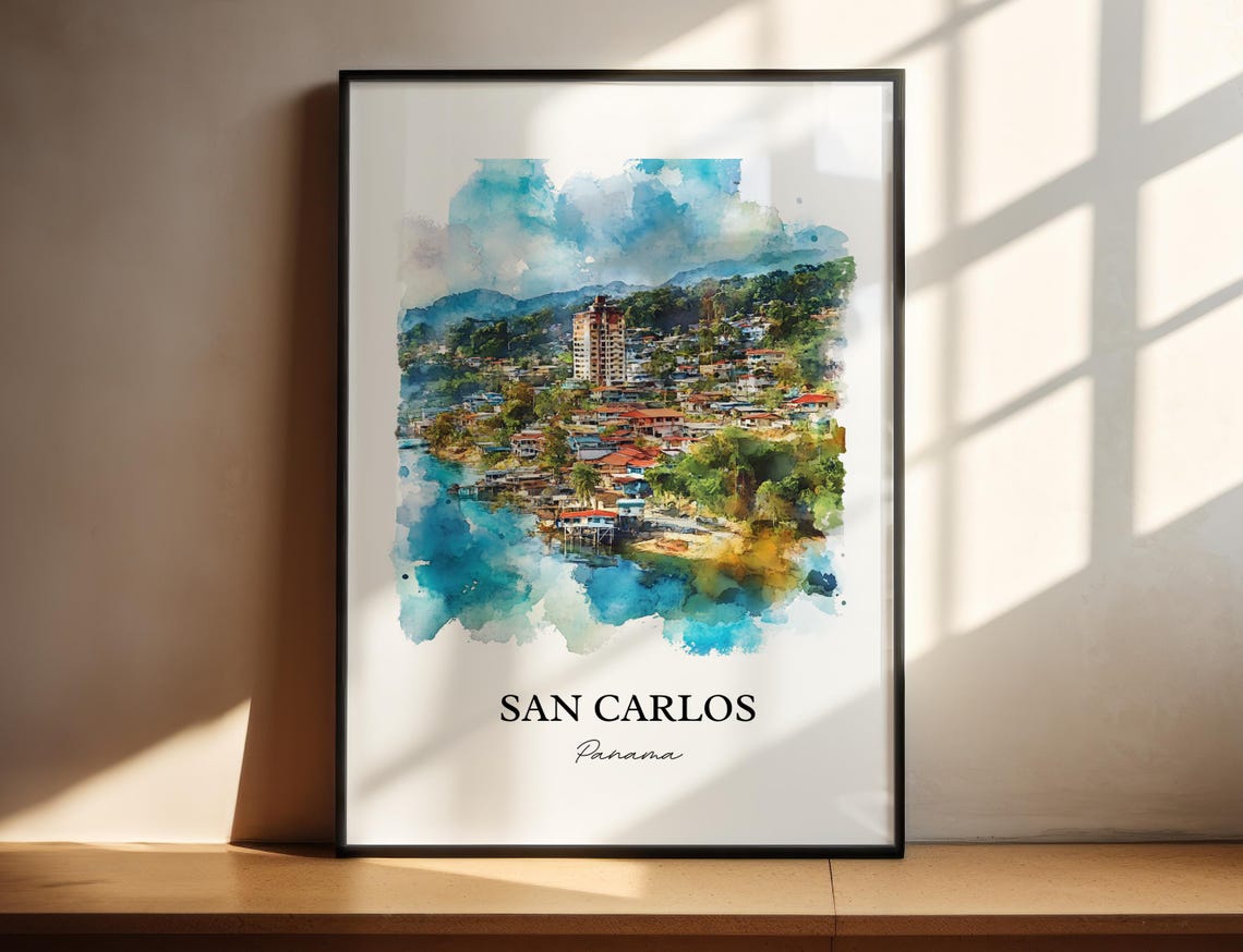 San Carlos Panama Watercolor Coastal Hillside Town Travel Poster