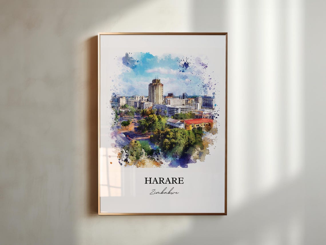 Harare Zimbabwe City Skyline Downtown View Watercolor Poster - Image 2
