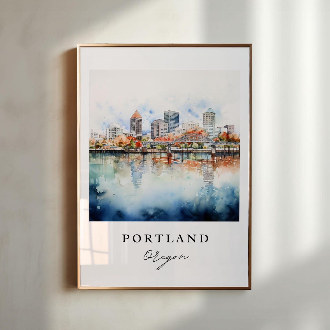 Portland Oregon Watercolor Skyline Bridge River Reflection Art Print