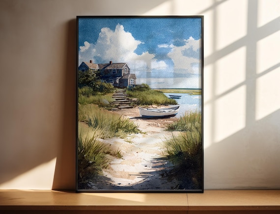 Coastal Cottage Watercolor Poster Rowboat Shore Path Beach House Artwork