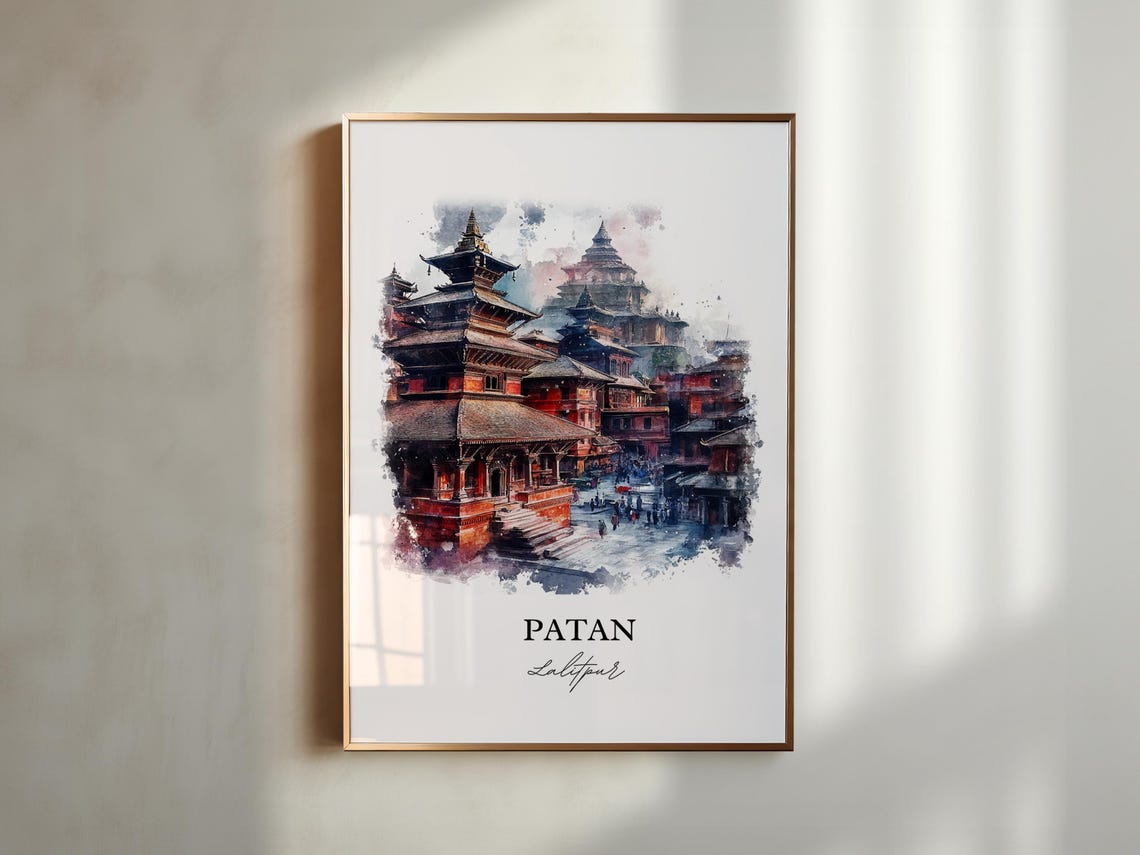 Patan Lalitpur Nepal Watercolor Pagoda Temples Travel Poster - Image 5