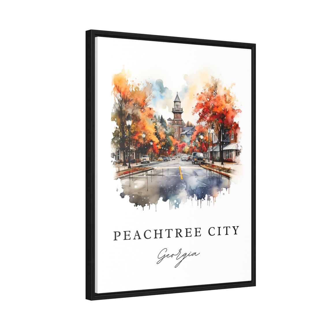 Peachtree City Georgia Watercolor Autumn Street Clock Tower Poster - Image 2