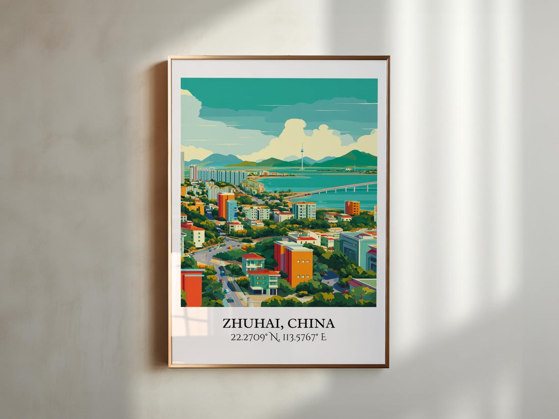 Zhuhai China Coastal Skyline Retro Travel Coordinates Art Poster - Image 3