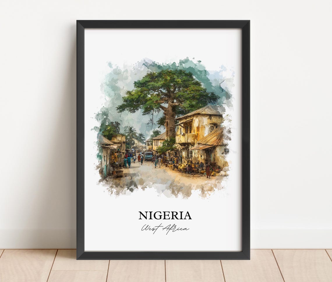 Nigeria West Africa Watercolor Village Market Big Tree Poster - Image 2