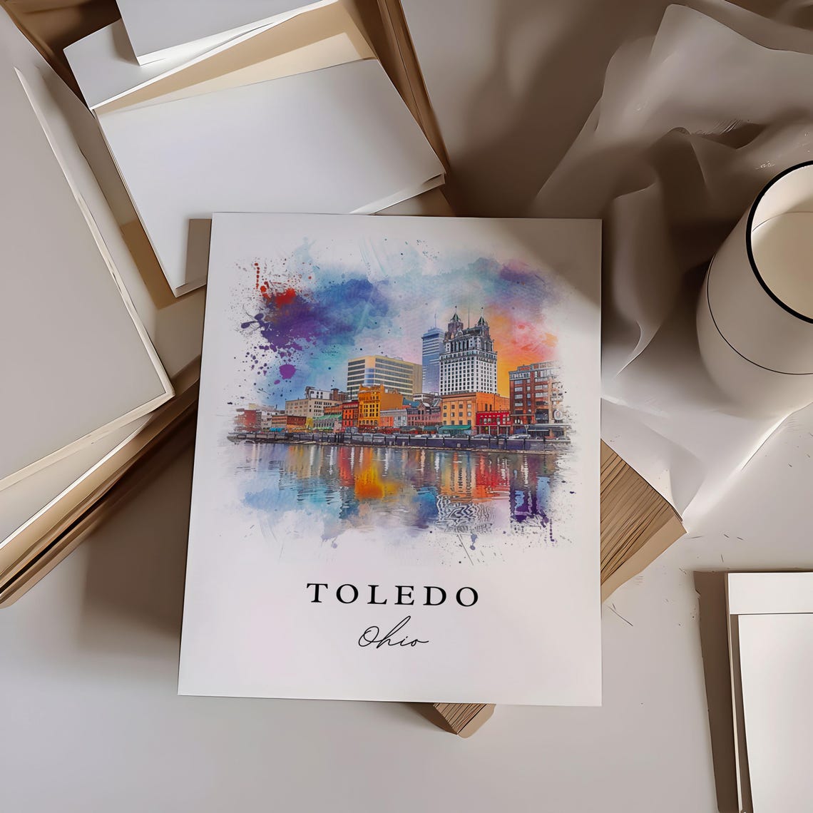 Toledo Ohio Riverfront Skyline Reflection Watercolor City Art Poster - Image 6
