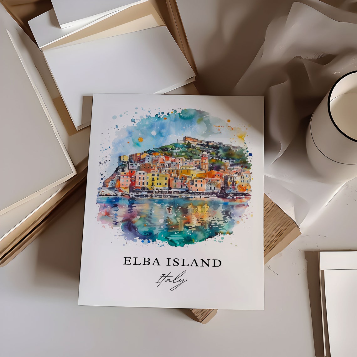 Elba Island Italy Watercolor Colorful Harbor Town Sparkling Poster - Image 5