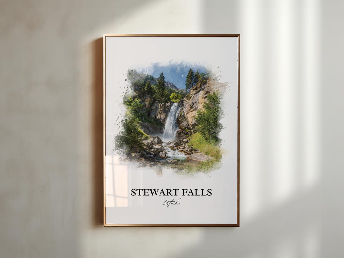 Stewart Falls Utah Watercolor Waterfall Cliffs Pine Trees Poster - Image 3