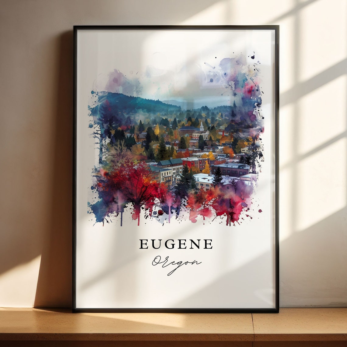 Eugene Oregon Watercolor Autumn City Panorama Art Travel Poster