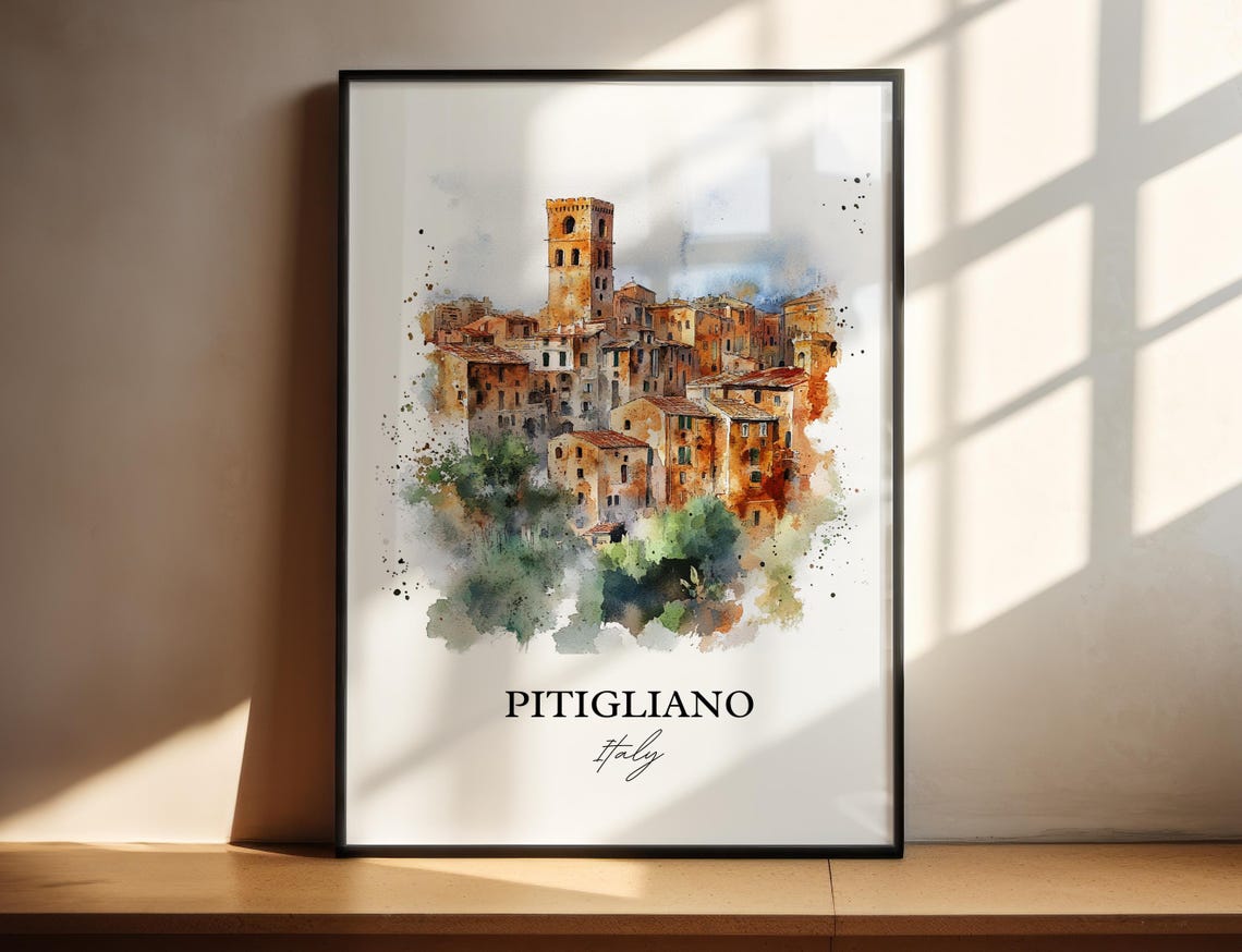 Pitigliano Italy Tufa Hilltop Town Bell Tower Watercolor Travel Poster