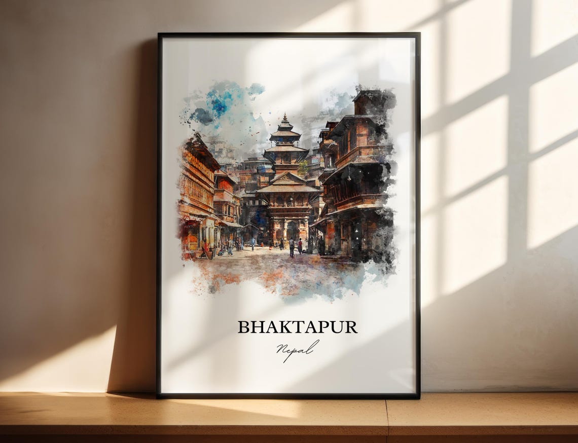 Bhaktapur Nepal Watercolor Pagoda Temple Square Travel Poster