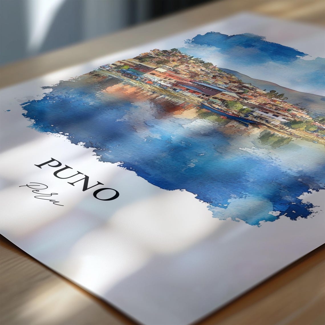 Puno Peru Watercolor Lake Titicaca Hillside Town Reflection Poster - Image 6