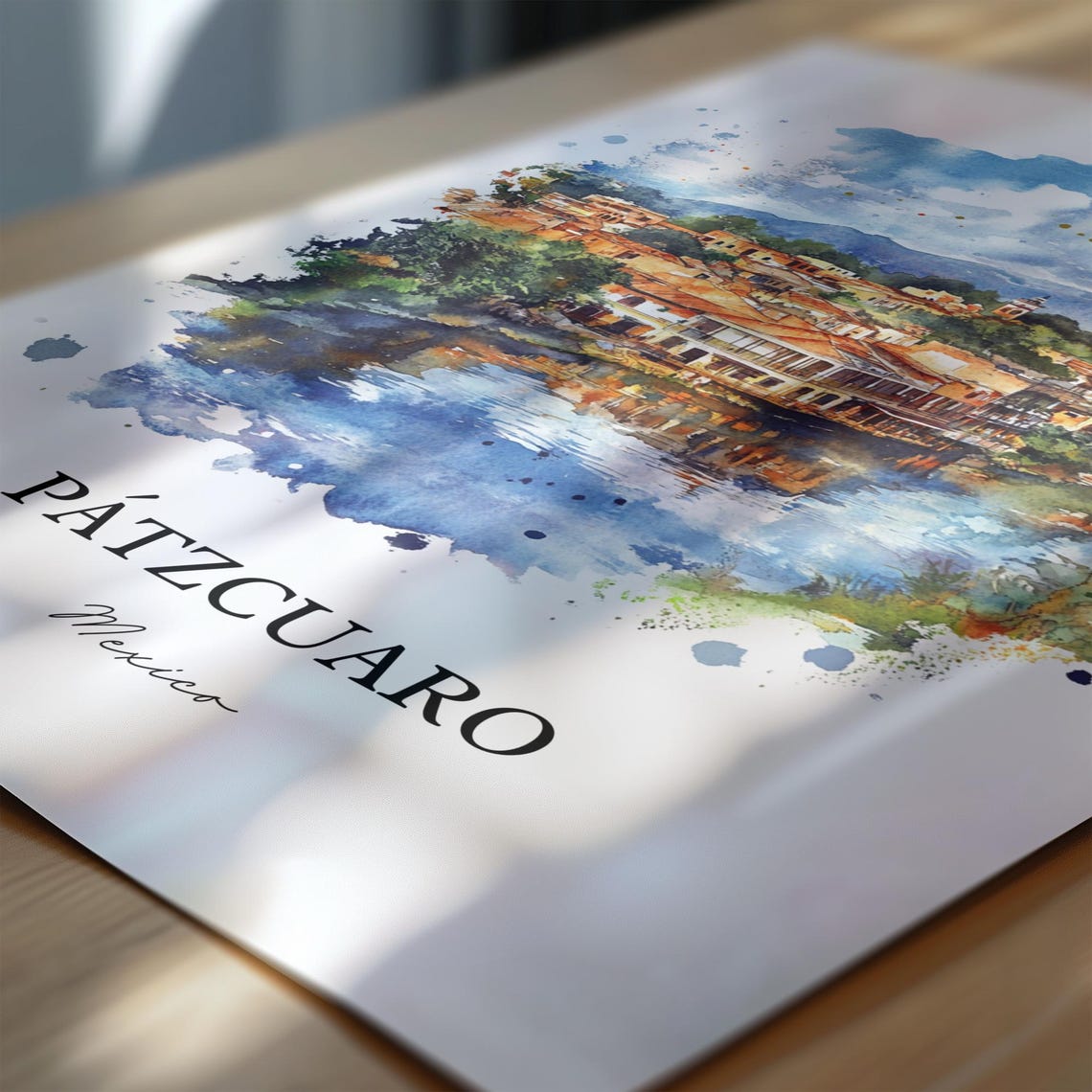 Patzcuaro Mexico Watercolor Lakeside Town Reflection Mountains Poster - Image 6