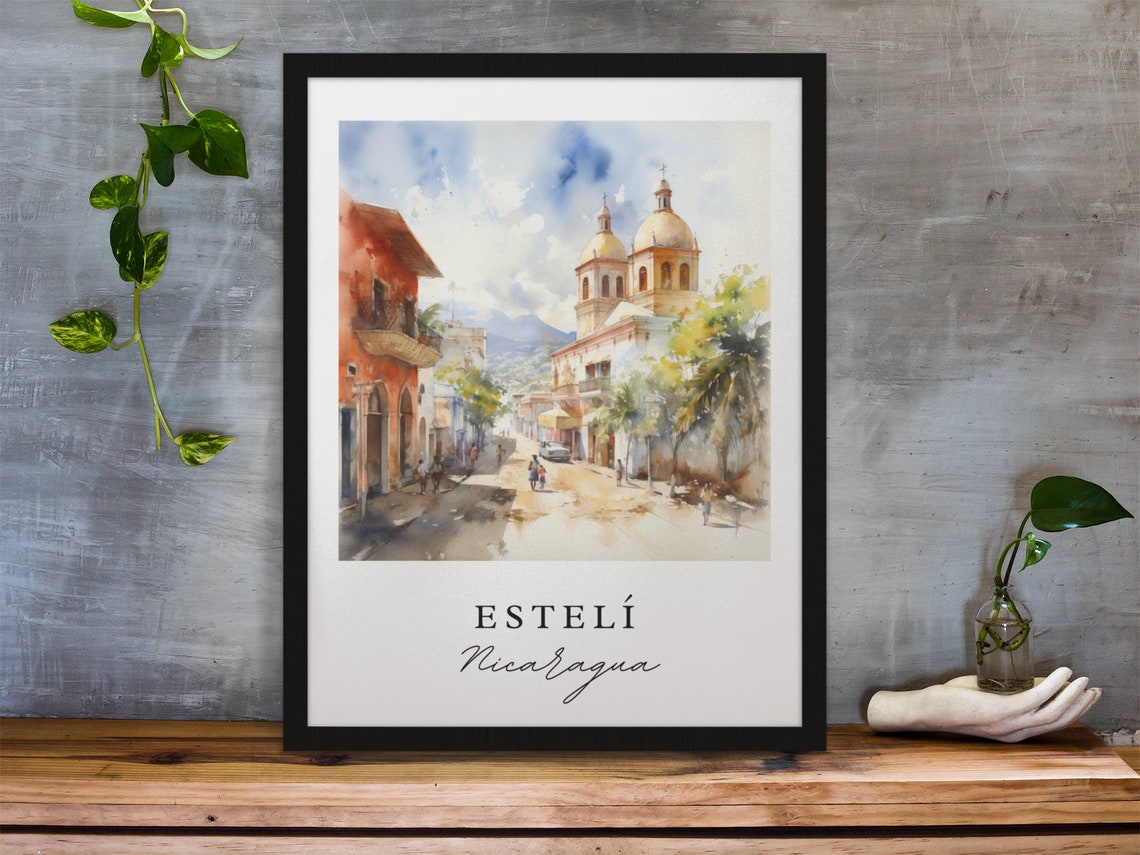 Esteli Nicaragua Colonial Street Twin Dome Church Watercolor Poster