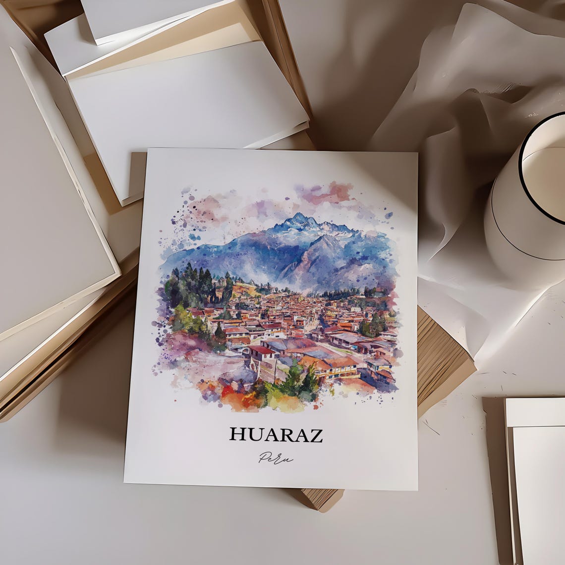 Huaraz Peru Mountain Town Watercolor Andean Landscape Scene Poster - Image 3