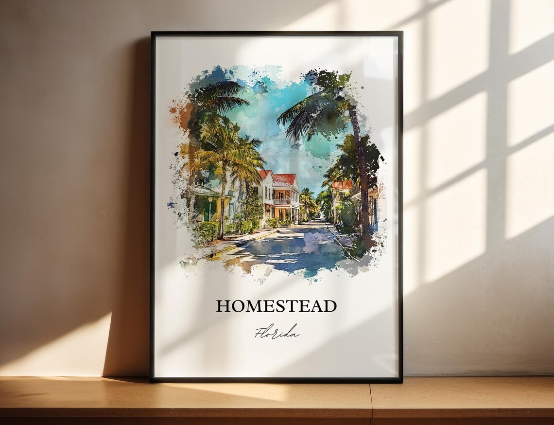 Homestead Florida Historic Palm Lined Street Watercolor Travel Poster